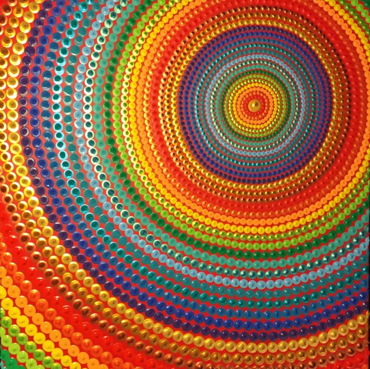 Cercles Concentriques by Caroline Pons - A 50x50cm 3D acrylic painting featuring vibrant, multi-colored concentric circles and hypnotic dot patterns.
